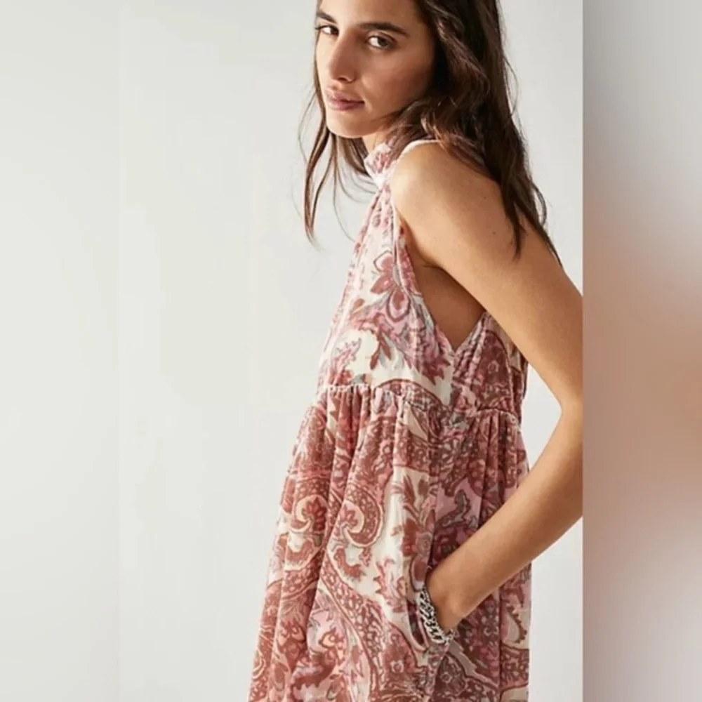 Free people all the time pink velvet sleeveless babydoll dress size‎ small new